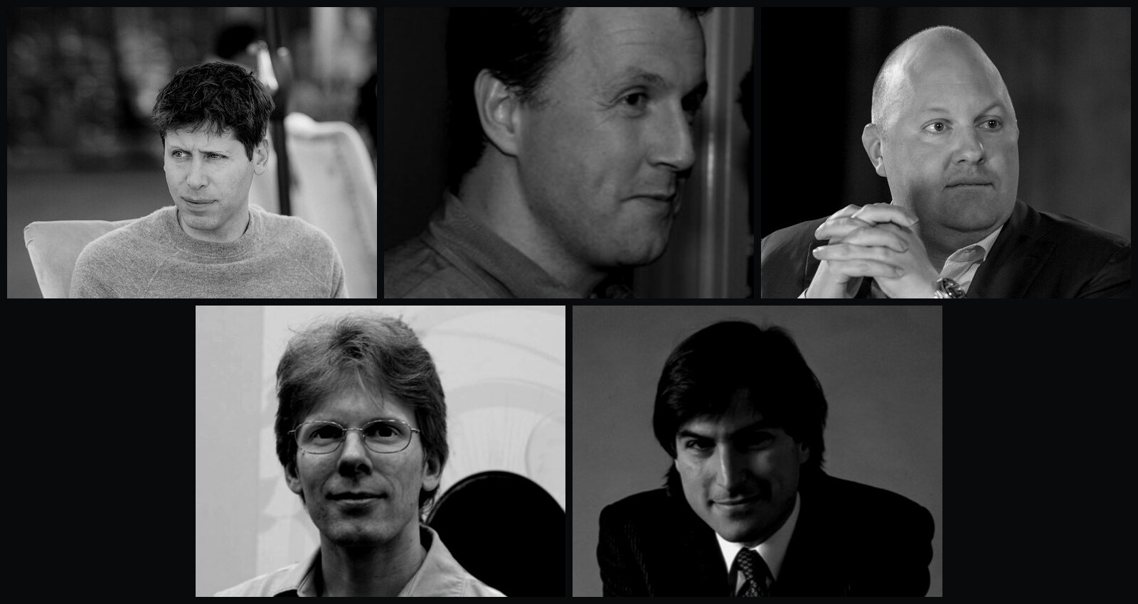 Portrait collage of Sam Altman, Paul Graham, Marc Andreessen, John Carmack, and Steve Jobs