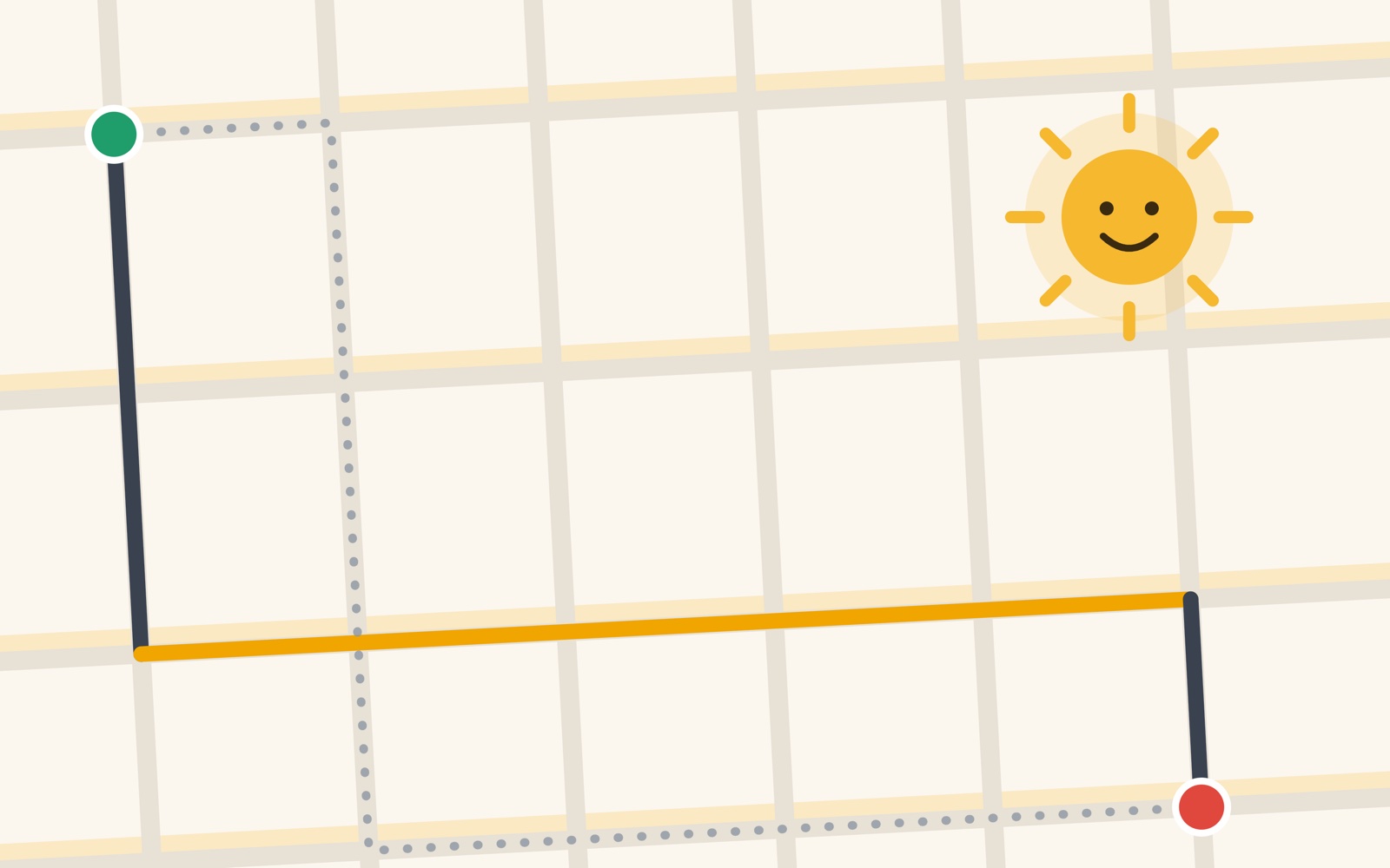 A walk on a city grid, routed along the sunny street
